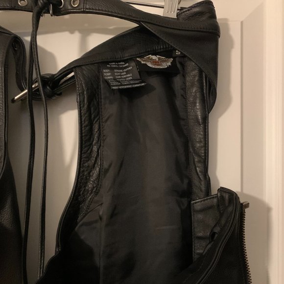 Harley Davidson Womens Black Leather Lined Chaps Pockets Adjustable Waist Small - Picture 9 of 12